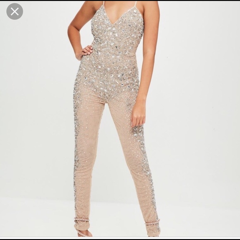 Carli Bybel x misguided nude embellished jumpsuit